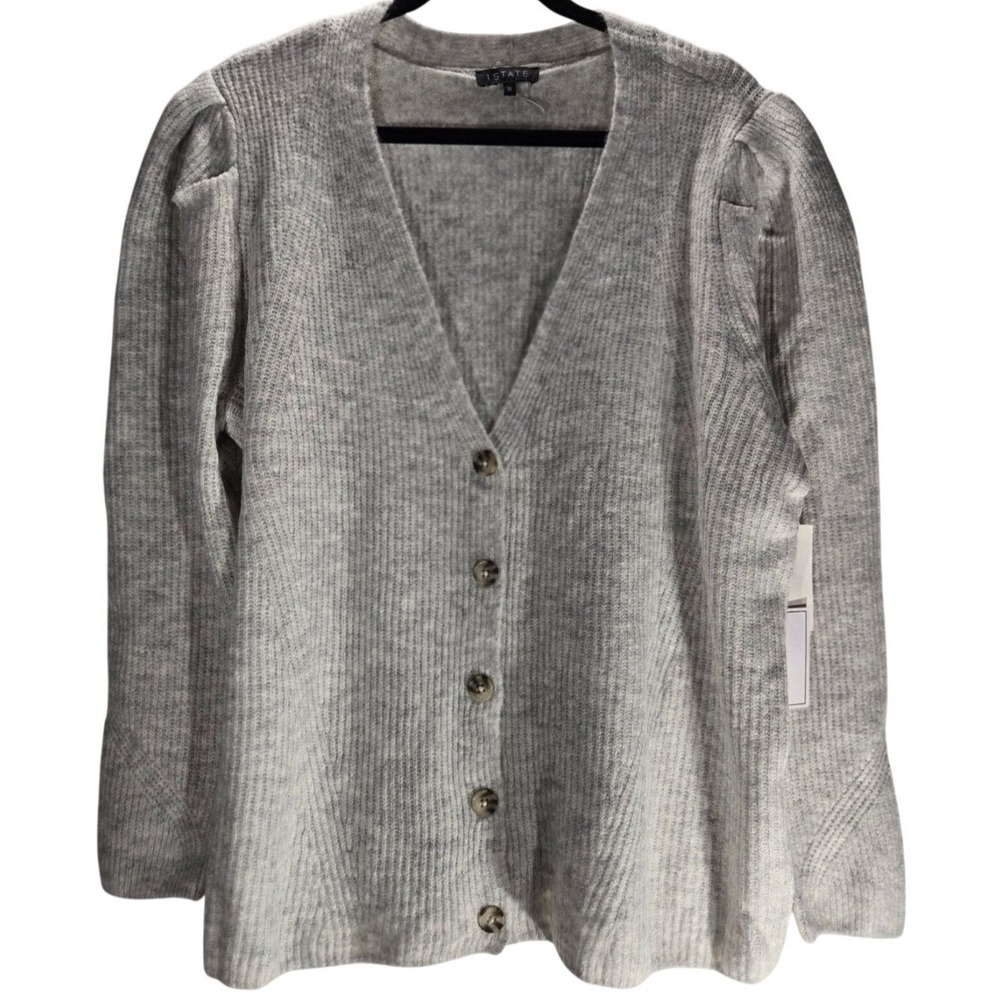 1.STATE Womens Gray Puff Shoulder V-Neck Button Front Ribbed Cardigan Sweater 1X